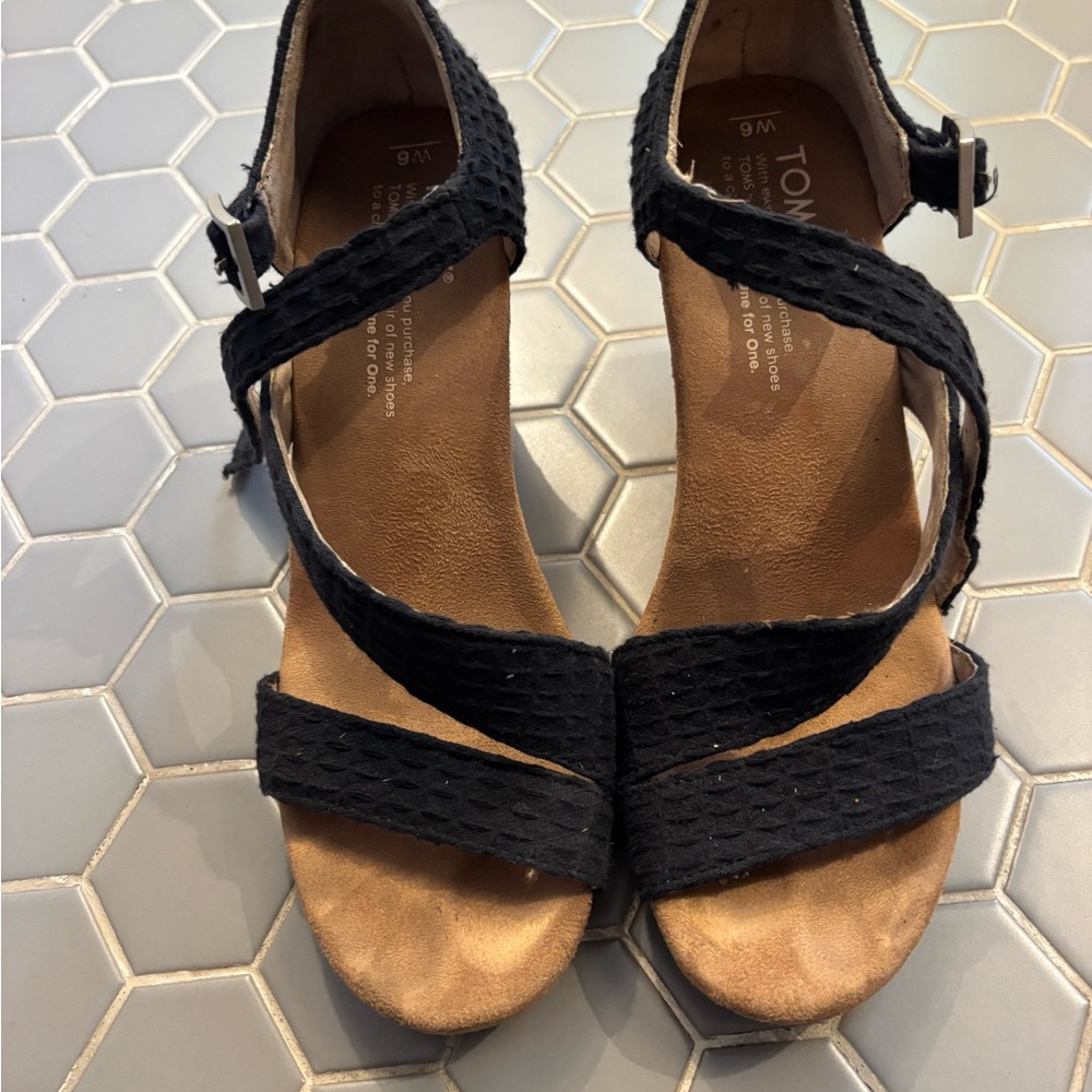 Toms Black and Tan Wedge Sandals with Braided Straps